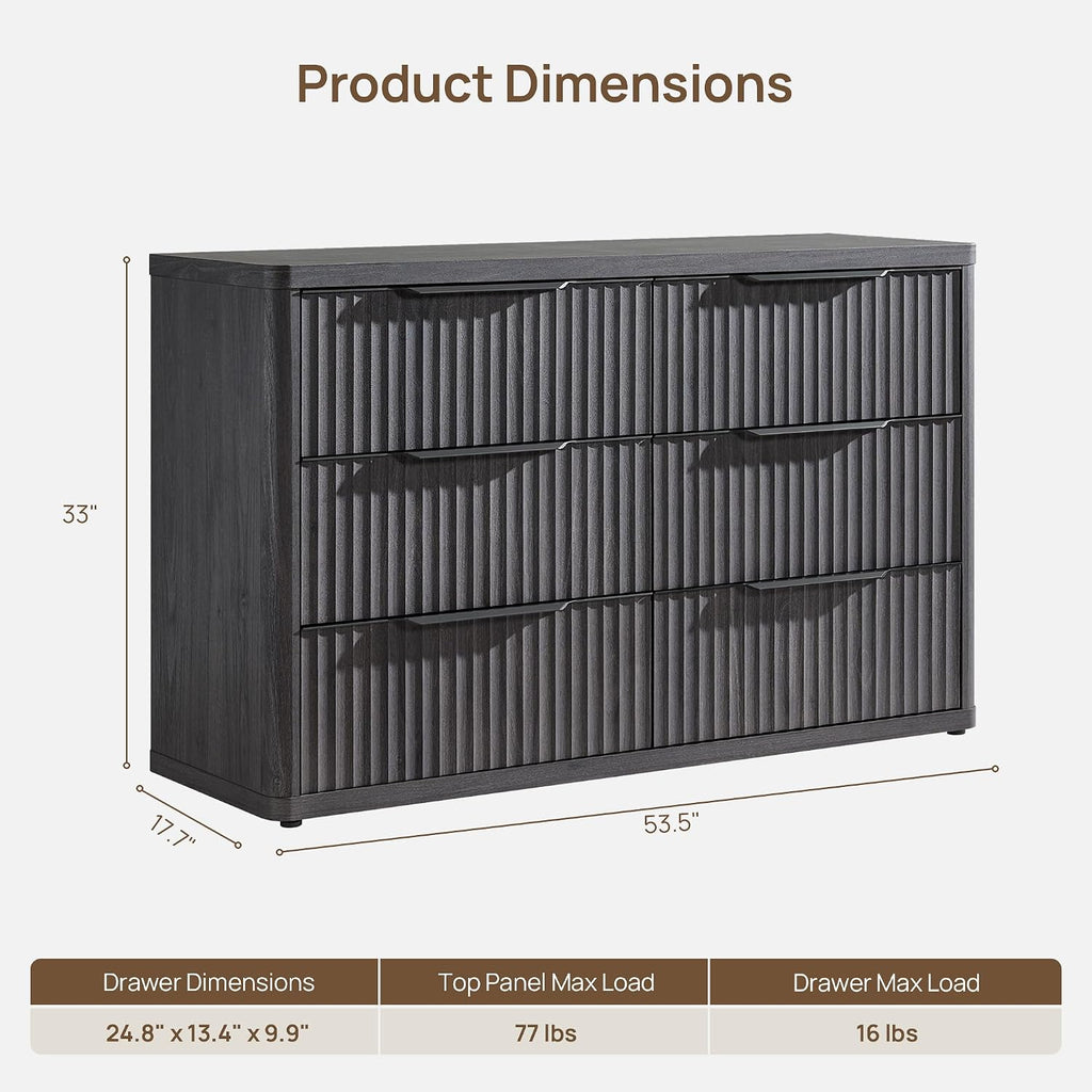 SICOTAS Dresser for Bedroom 53.5' Wide 6 Drawer Dressers & Chests of Drawers for Closet Long Large Modern TV Stand Set for Clothes Storage Fluted Clothes Closet for Hallway Entryway, Dark Grey Alder