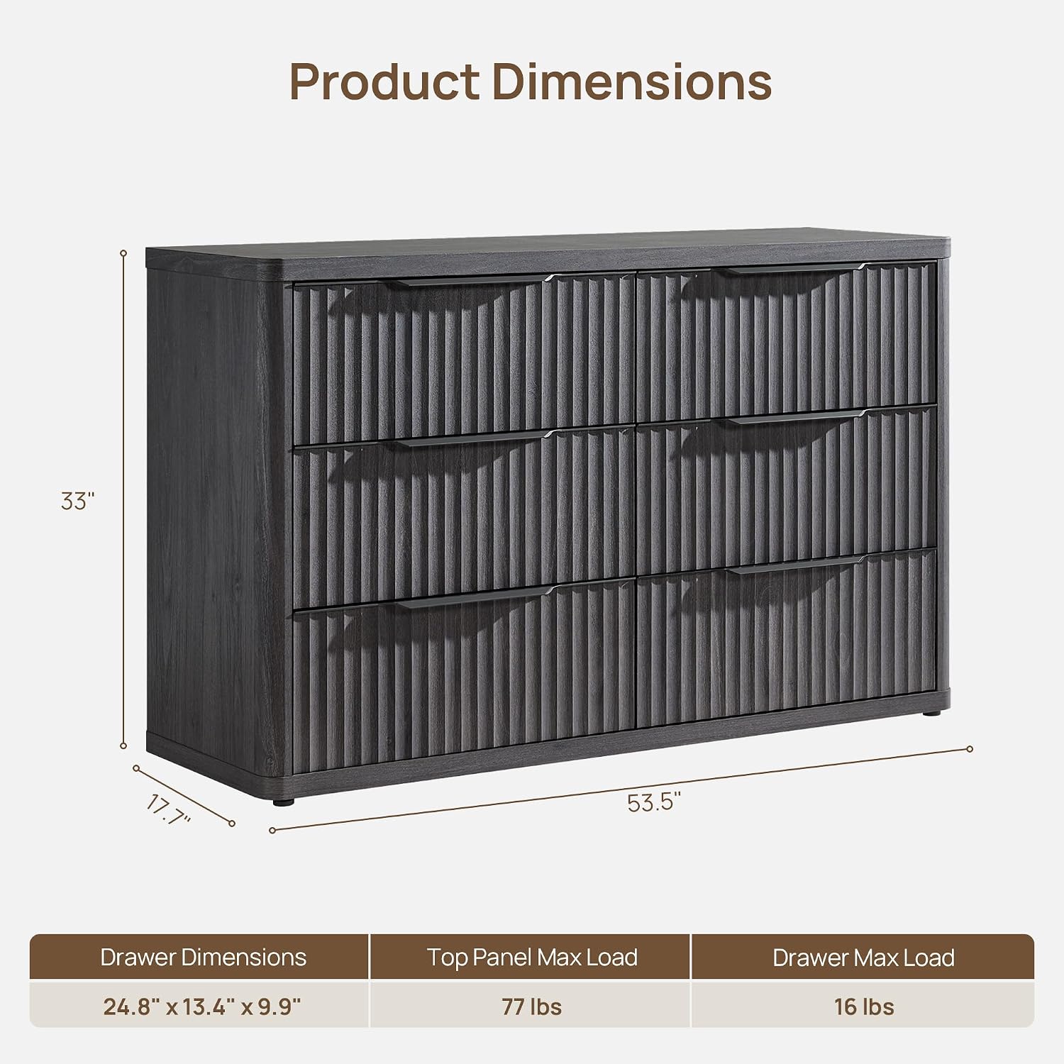 SICOTAS Dresser for Bedroom 53.5' Wide 6 Drawer Dressers & Chests of Drawers for Closet Long Large Modern TV Stand Set for Clothes Storage Fluted Clothes Closet for Hallway Entryway, Dark Grey Alder