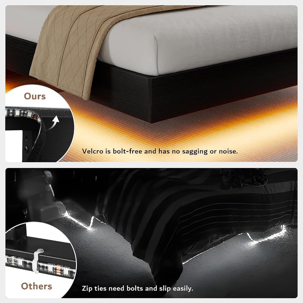 iPormis Floating Full Size Bed Frame with LED Lights & Charging Station, Platform Bed with Wooden Storage Headboard, Steel Slats Support, No Box Spring Needed, Easy Assembly, Noise-Free, Black
