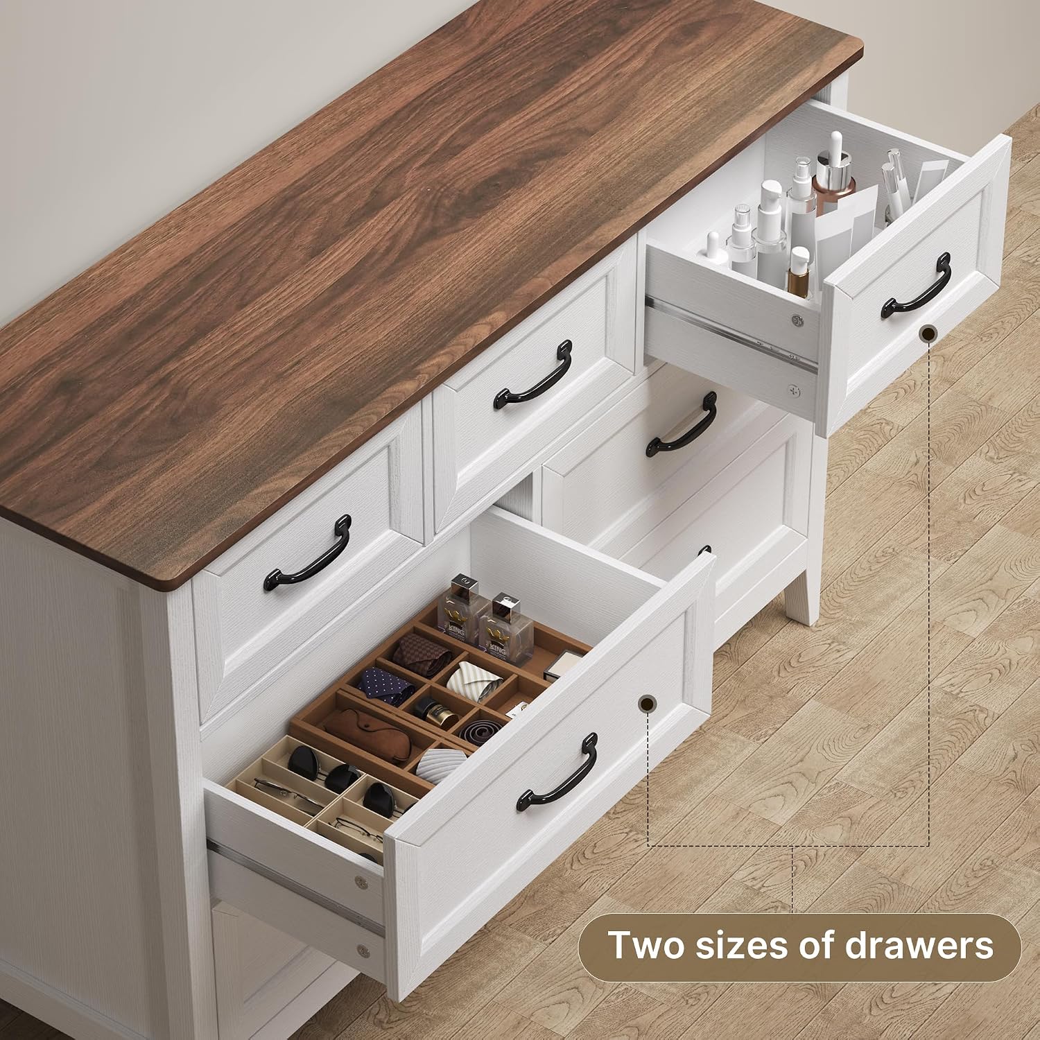 Gizoon Farmhouse 7 Drawers Dresser, White Chest of Drawers with Metal Handles, 47' Wide Wooden Storage Organizer for Bedroom, Hallway, Living Room, Tabletop-Retro