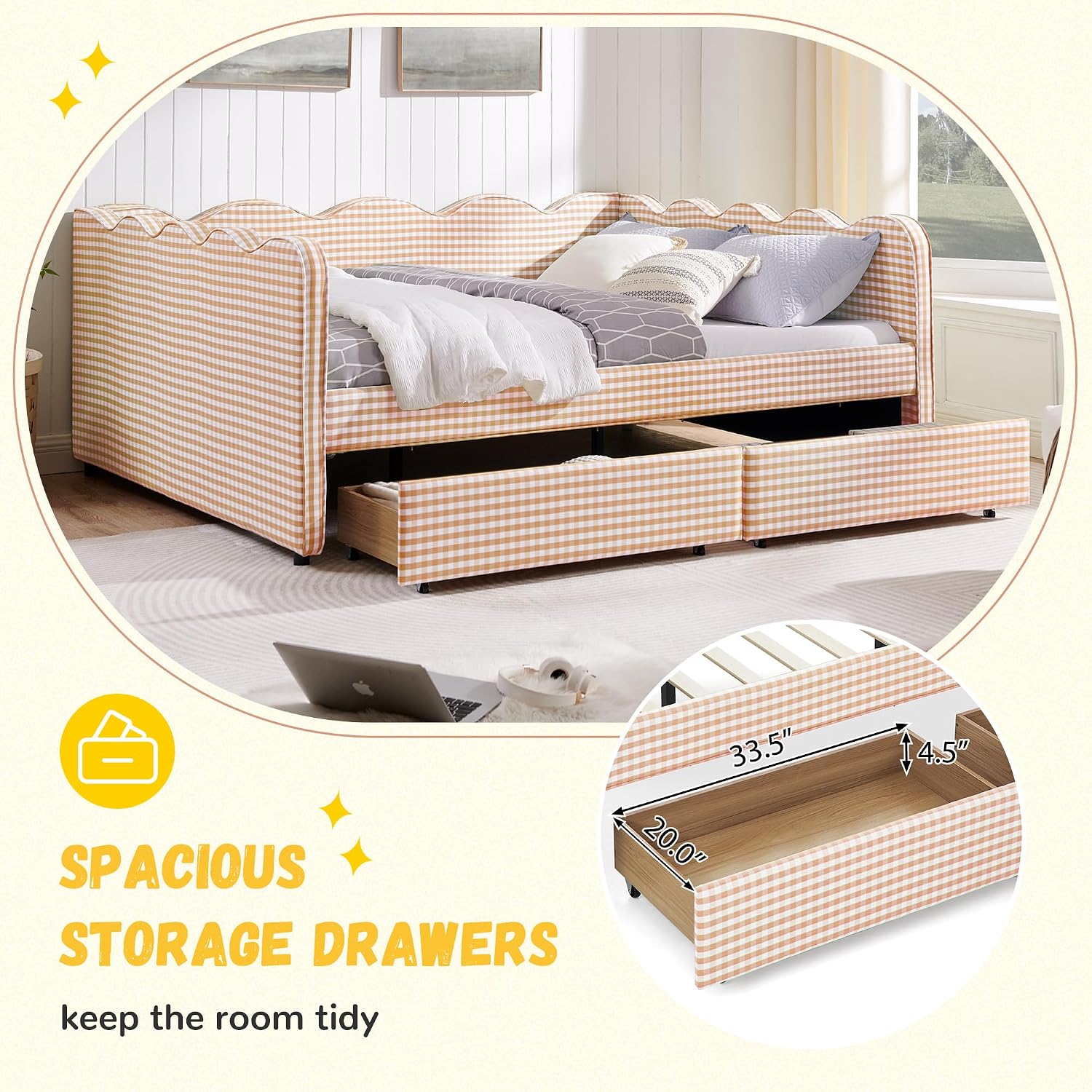 DEINPPA Queen Size Upholstered Daybed with 2 Storage Drawers, Gingham Daybed with USB Ports for Bedroom Living Room Guest Room-Pink