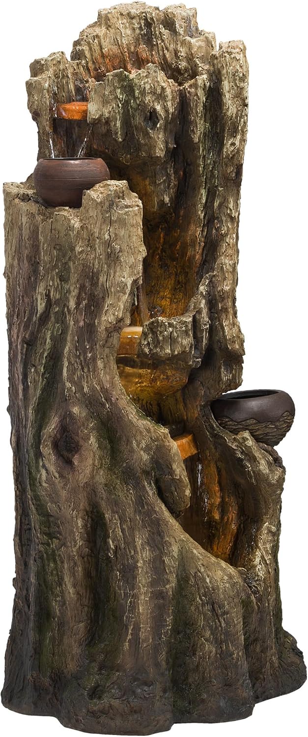 Alpine Corporation WIN1530 Indoor/Outdoor Floor Waterfall, Tree Trunk Fountain w/LED Lights & 2 Flower Pots, 52', Brown