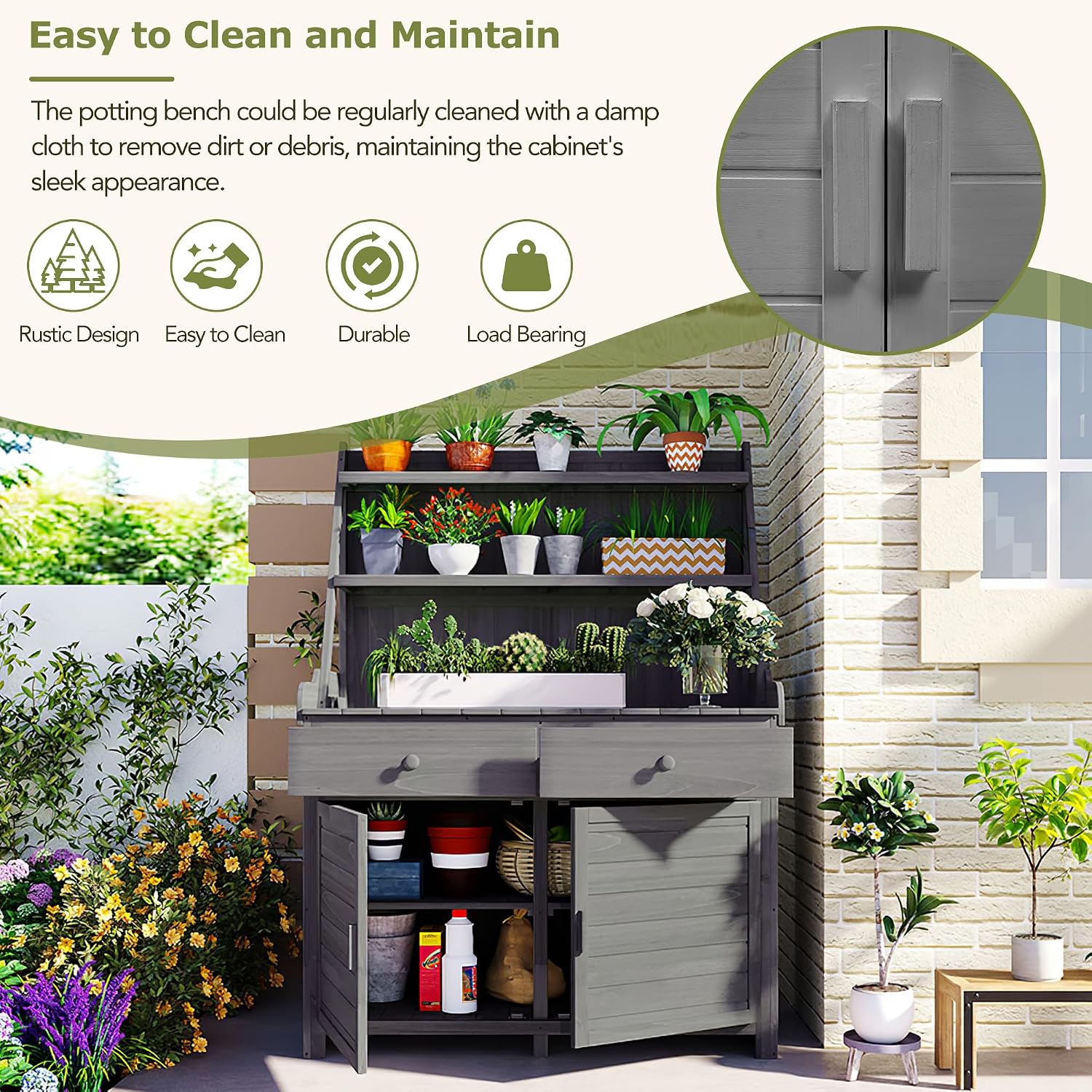 Merax 65' Outdoor Potting Bench Table, Wooden Gardening Table Workstation with Storage Shelf, Drawer, Cabinet, Planting Table Garden Work Bench for Patio, Gray