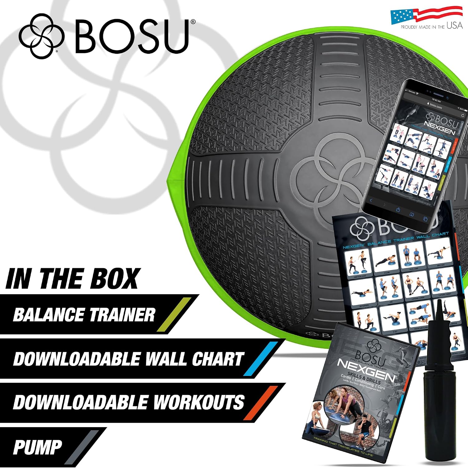 BOSU Nexgen Balance Trainer, Half-Ball Training Equipment, 65 cm Diameter, 300 lb Capacity - Burst-Resistant Stability Exercise Tool w/Non-Slip Base, Includes Hand Pump, Commercial-Grade