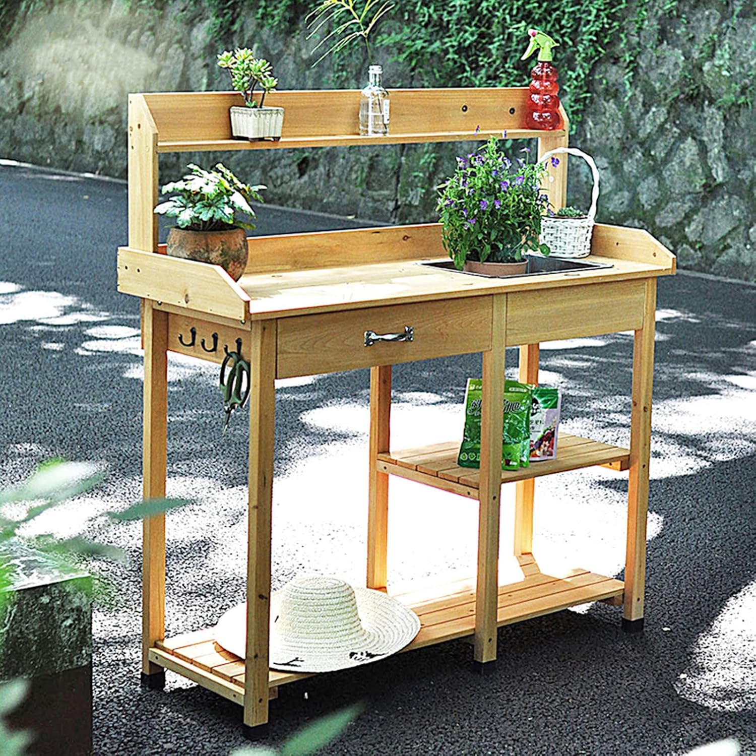Garden Potting Bench, Fir Wood Outdoor Prep Station with Removable Sink, Drawer, and Hooks,Natural Wooden Work Station for Patio, Backyard and Porch (Yellow)