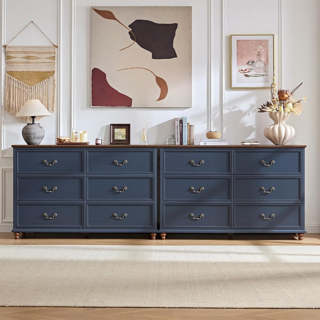Joaxswe Farmhouse 6 Drawers Dresser for Bedroom, Vintage 54' Wide Chest of Drawers w/ 4 Wooden Legs, Rustic Large Closet Storage Dressers Organizer for Hallway, Wood TV Stand for Living Room, Blue