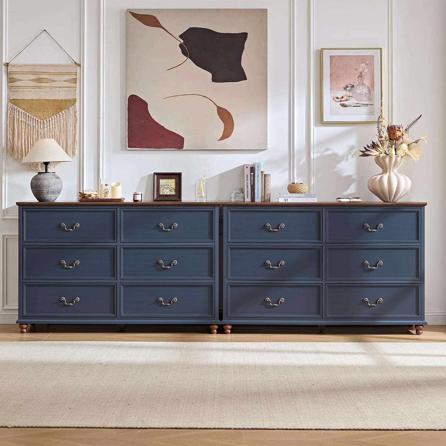 Joaxswe Farmhouse 6 Drawers Dresser for Bedroom, Vintage 54' Wide Chest of Drawers w/ 4 Wooden Legs, Rustic Large Closet Storage Dressers Organizer for Hallway, Wood TV Stand for Living Room, Blue
