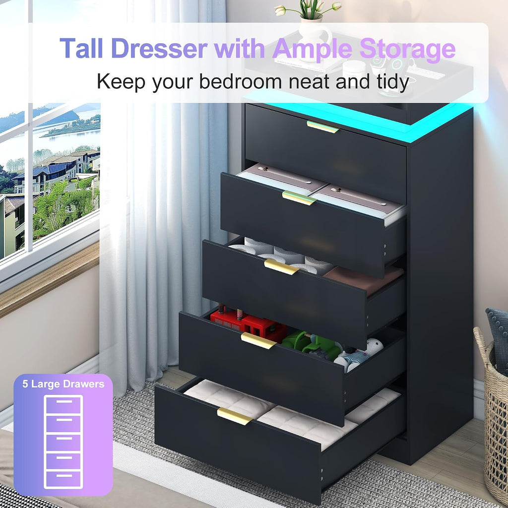 UNIQUITE Tall Dresser for Bedroom, Black Dresser with LED Lights, Wood 5 Drawer Chest with Power Outlet, Modern Tall Chest of Drawers for Bedroom, Entryway, Hallway