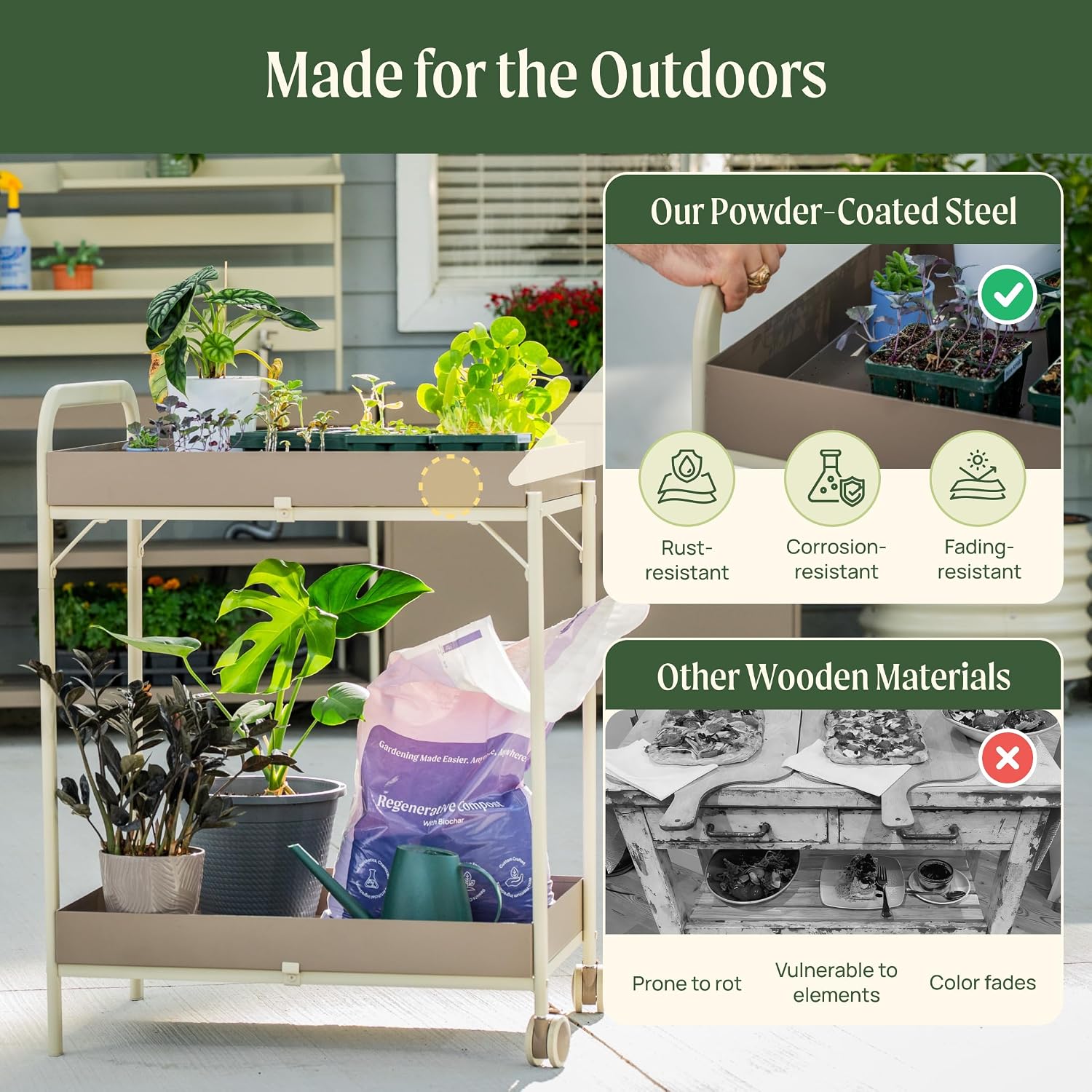 Vego Garden Potting Cart, Gardening Workstation with Wheels and Removable, Reversible Trays for Outdoor