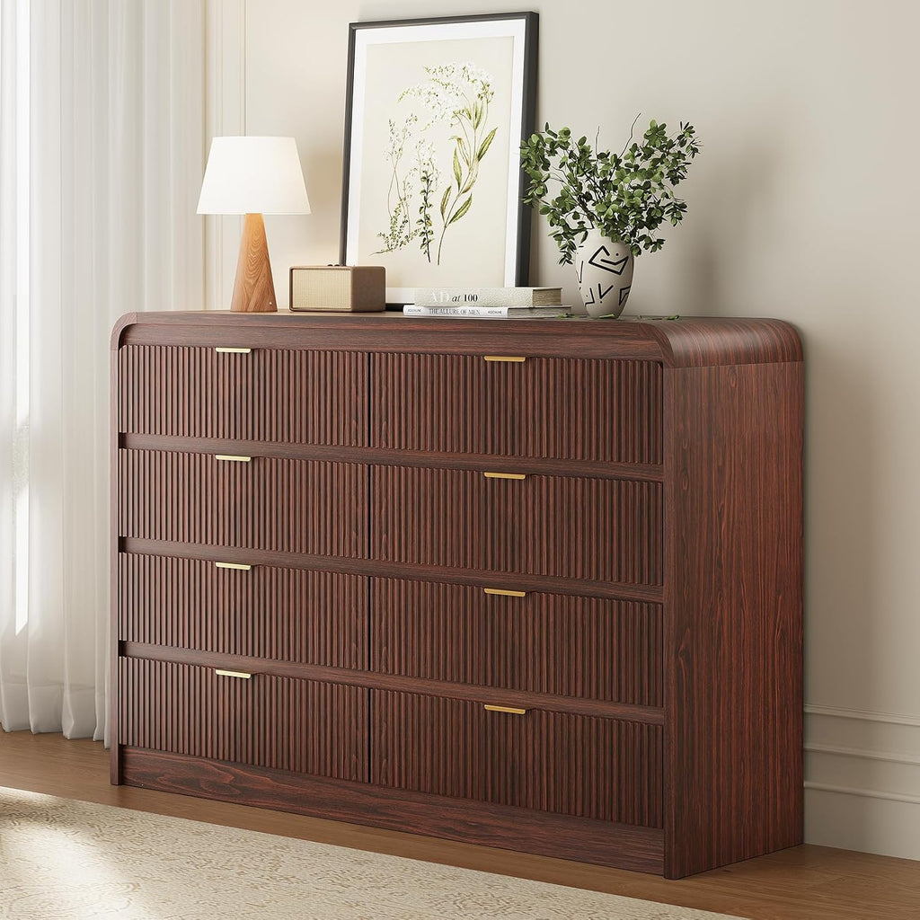 FURSUN Fluted 8 Drawers Dresser for Bedroom, 55' Wide Wooden Dresser with Metal Handle, Curved Profile Design, Modern Storage Organizer for Bedroom, Living Room, Hallway, Dark Walnut