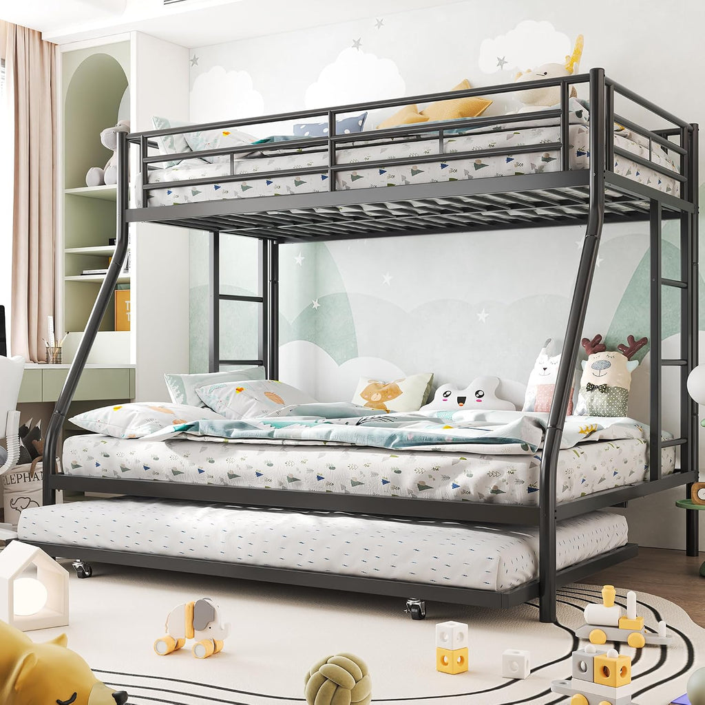 Shintenchi Bunk Bed Twin Over Full Size with Trundle, Heavy-Duty Twin&Full Frame with Full-Length Guardrail and Two Ladders, Triple for Kids, Teens and Adults, Space-Saving, Black