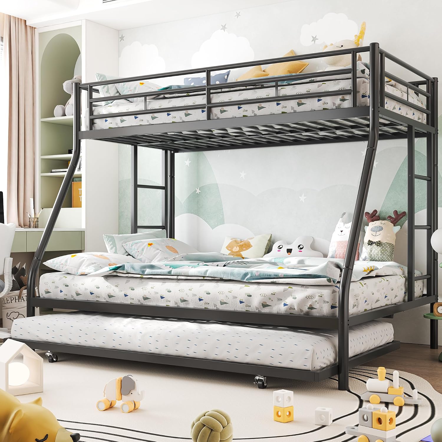 Shintenchi Bunk Bed Twin Over Full Size with Trundle, Heavy-Duty Twin&Full Frame with Full-Length Guardrail and Two Ladders, Triple for Kids, Teens and Adults, Space-Saving, Black
