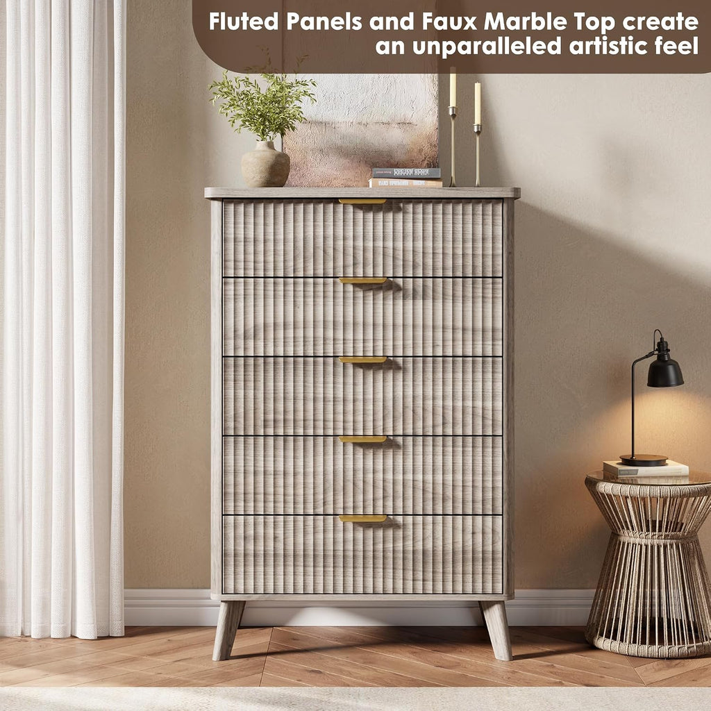 GarveeHome Fluted Dresser for Bedroom with 5 Deep Drawers, 47.2 in Tall Chest of Drawers, Curved Profile Design, Modern Wooden Dresser, for Living Room, Kids Room, Hallway, Grey
