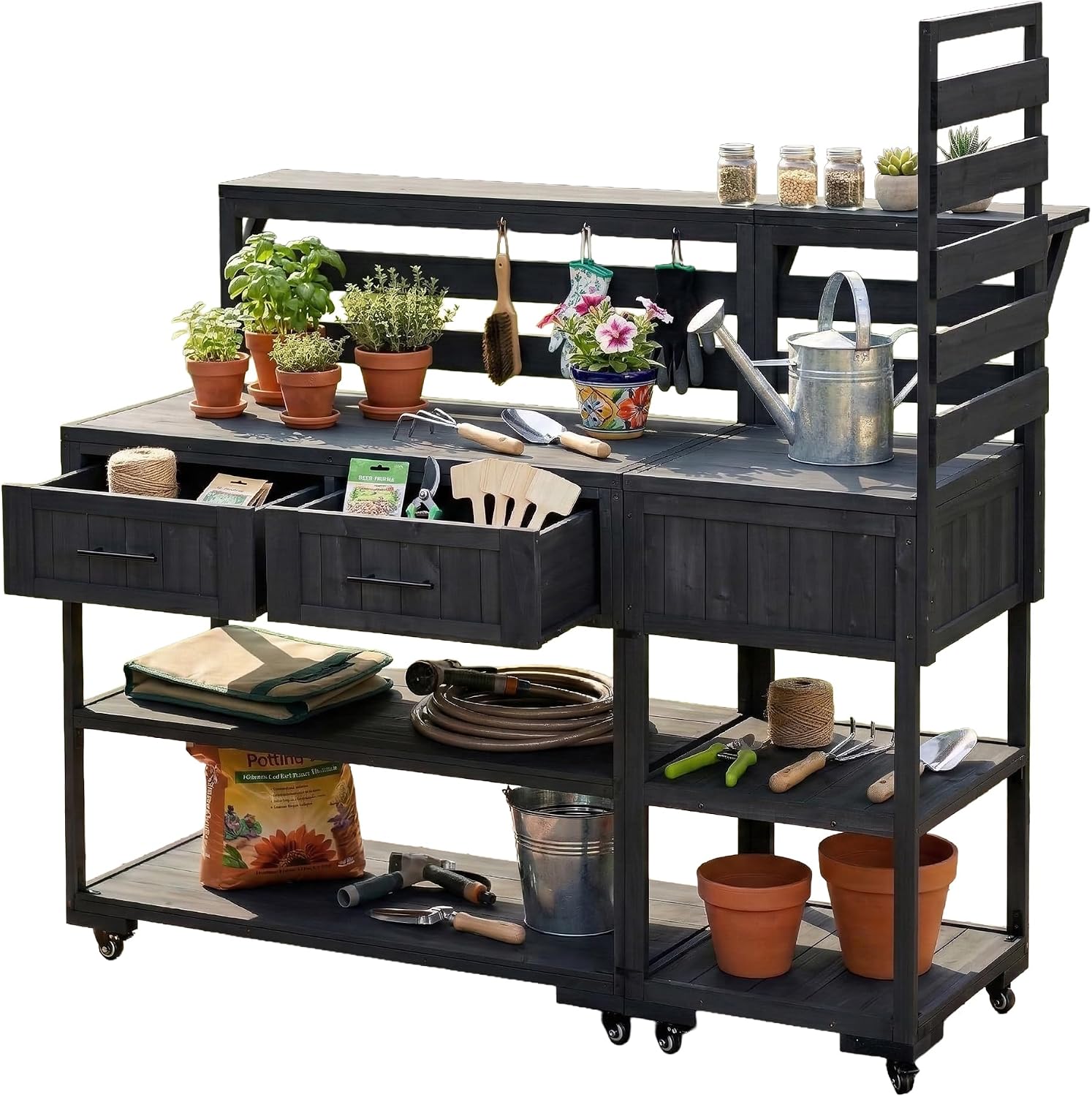 Merax 62.3' W Outdoor Kitchen Island with Stainless Steel Top, Rolling Grill Cart with Lockable Wheels, Garden Potting Bench with Raised Shelf and Drawers, Grill Prep Table for BBQ, Party, Black