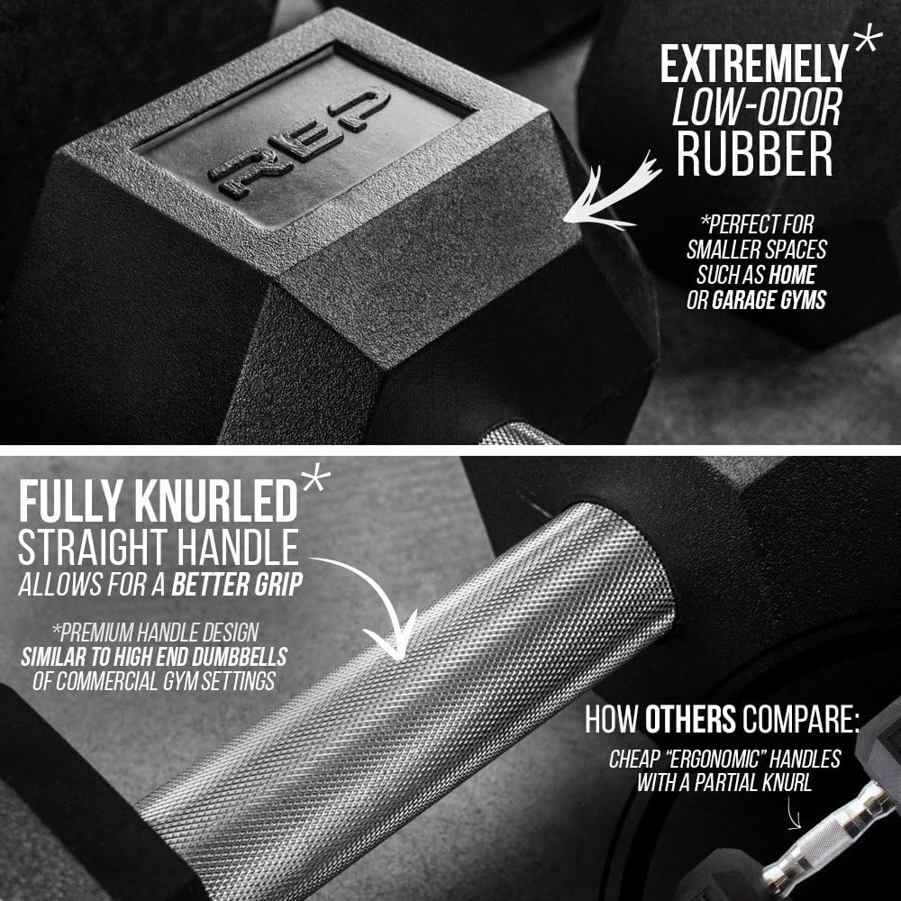 Rep Fitness Rubber Hex Dumbbell(s) - Singles (55LB +) and Pairs (5LB - 50LB) - Low Odor, Fully Knurled Handle
