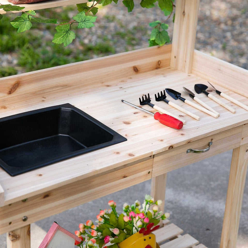 120x60x80cm Sturdy Workstation Potting Bench, 4 Swivel Casters, Sink Included, Side Drawer, Natural Wood Finish, Spacious Capacity Storage System