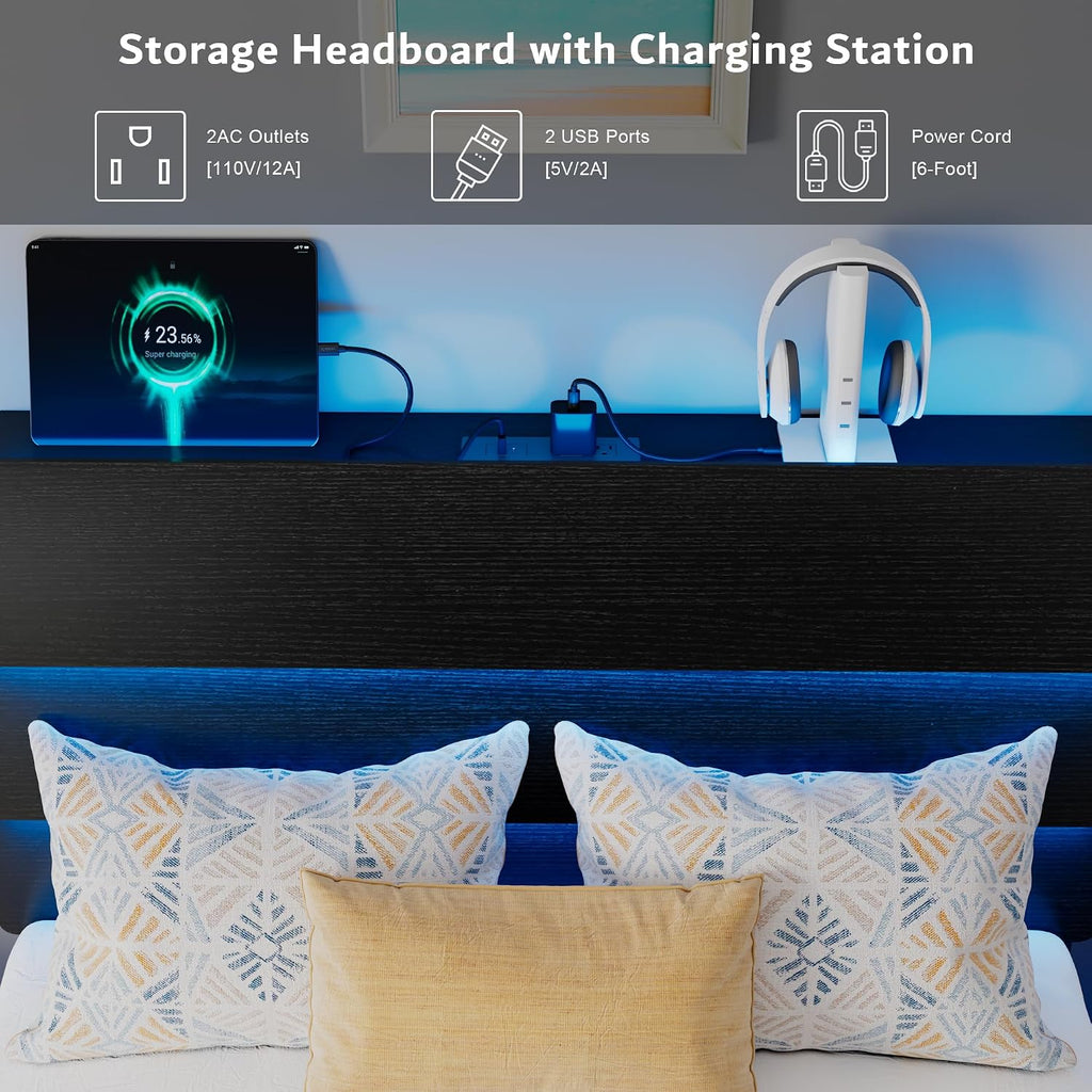 iPormis Floating Twin Size Bed Frame with LED Lights & Charging Station, Platform Bed with Wooden Storage Headboard, Heavy Duty Slats Support, No Box Spring Needed, Easy Assembly, Noise-Free, Black