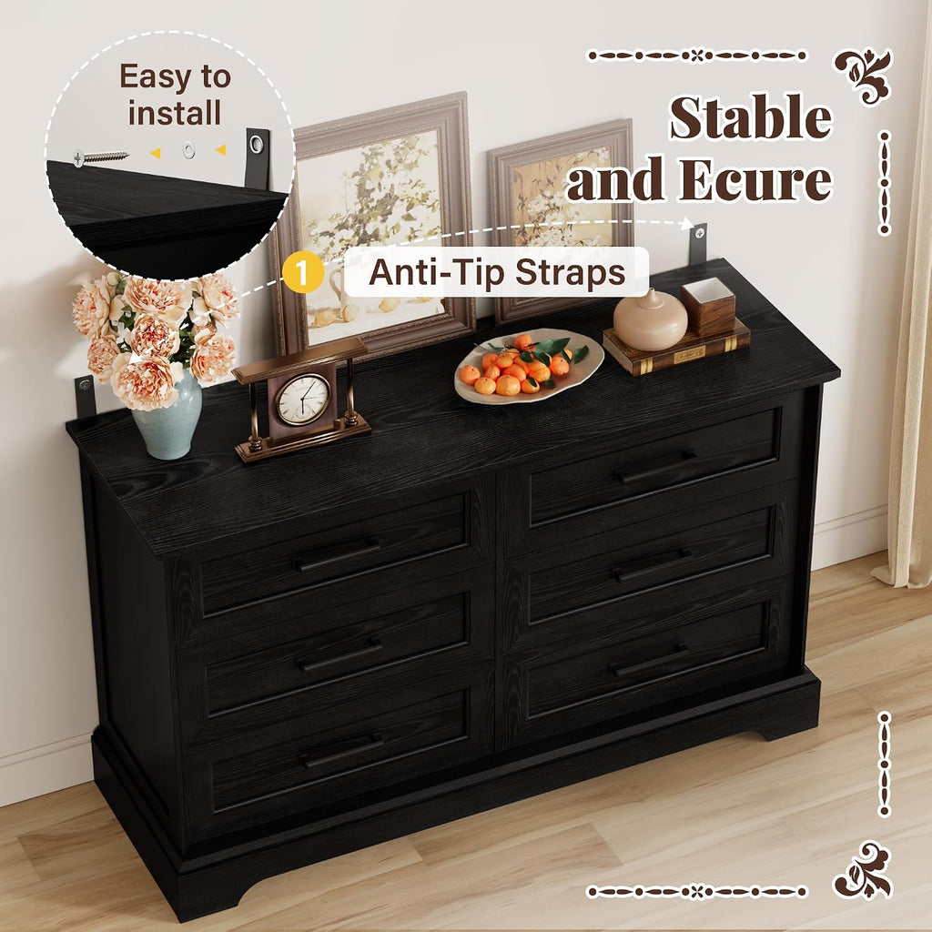 Furmax Farmhouse Dresser for Bedroom, 6 Drawers Dresser, Wood Chest of Drawers, 47.2' Wide Storage Dressers Organizer for Bedroom, Living Room, Dark Black