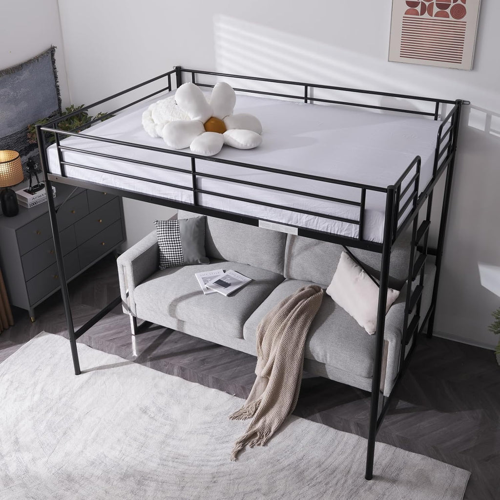 VINGLI Loft Bed Full Size with Flat Rungs for Adults, Kids and Young Teens, No Box Spring Required,Heavy Duty Metal Slat Support,Black