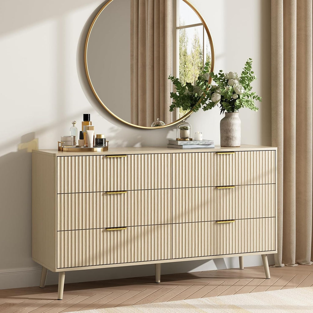 CARPETNAL Fluted Dresser and Nightstand Sets for Bedroom, 3 Pcs Bedroom Set, 6-Drawer Dresser & 2-Drawer Nightstand Set of 2, Modern Wood Chest of Drawers for Living Room, Entryway, Beige