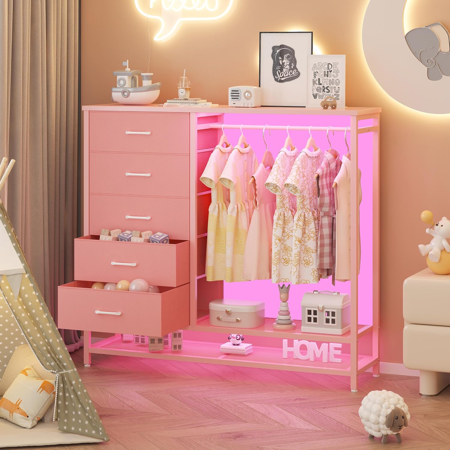 Dresser for Bedroom, Dresser with Hanging Rack Led Lights and Charging Station, Tall Dresser with 5 Fabric Chest of Drawers with PU Finish Storage Organizer, for Living Room Kids Room Closet, Pink