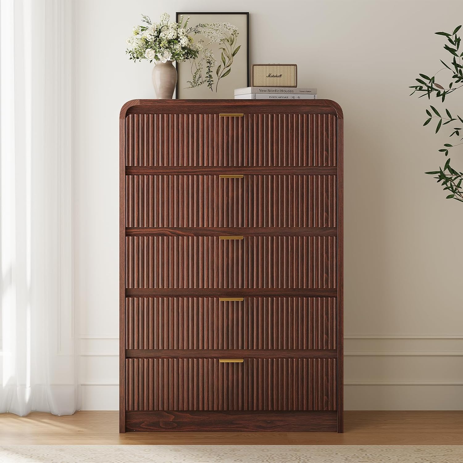 FURSUN Fluted 5 Drawers Dresser for Bedroom, 48' Tall Wooden Modern Dresser with Metal Handle, Curved Profile Design, Storage Organizer for Bedroom, Living Room, Hallway, Dark Walnut