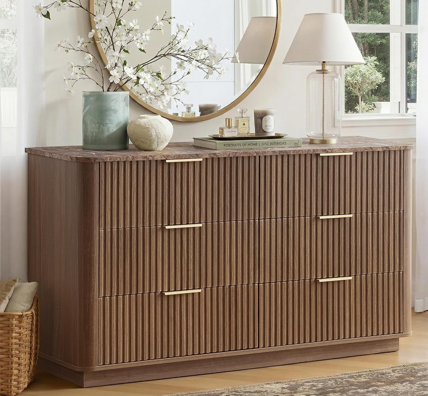 win2win 6 Drawer Dresser, Mid Century Modern Dresser with Storage, 47' Wide Fluted Chest of Drawers with Faux Marble Top, Dressers TV Stand, Drawers Organizer for Bedroom, Living Room, Hallway, Walnut