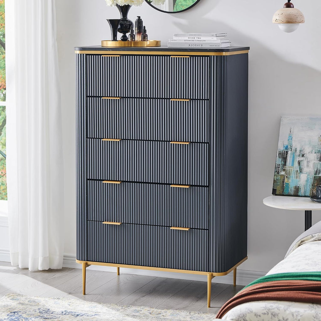 T4TREAM Fluted 5 Drawers Dresser for Bedroom, 48' Tall Modern Dresser Chest of Drawers, Gold Accents, Fluted Fronts, Wood Storage Dressers Organizer for Bedroom, Living Room, Dark Grey