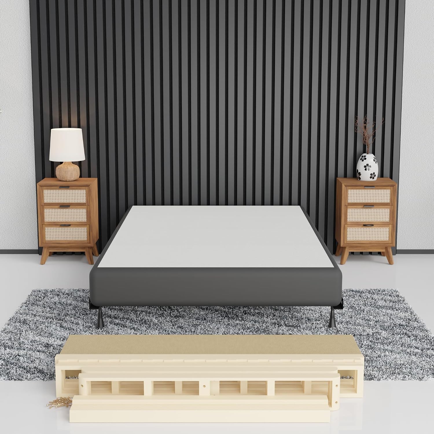 Greaton, 8-Inch Sturdy Box Spring for Mattress Support-Durable and Easy to Assemble Natural Wood Foundation for California King, Black