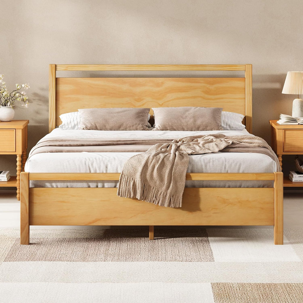 AMERLIFE Queen Size Solid Wood Bed Frame with Headboard, Minimalist Platform Bed with Wood Slats Support/No Box Spring Needed/Easy Assembly/Noise-Free, Natural