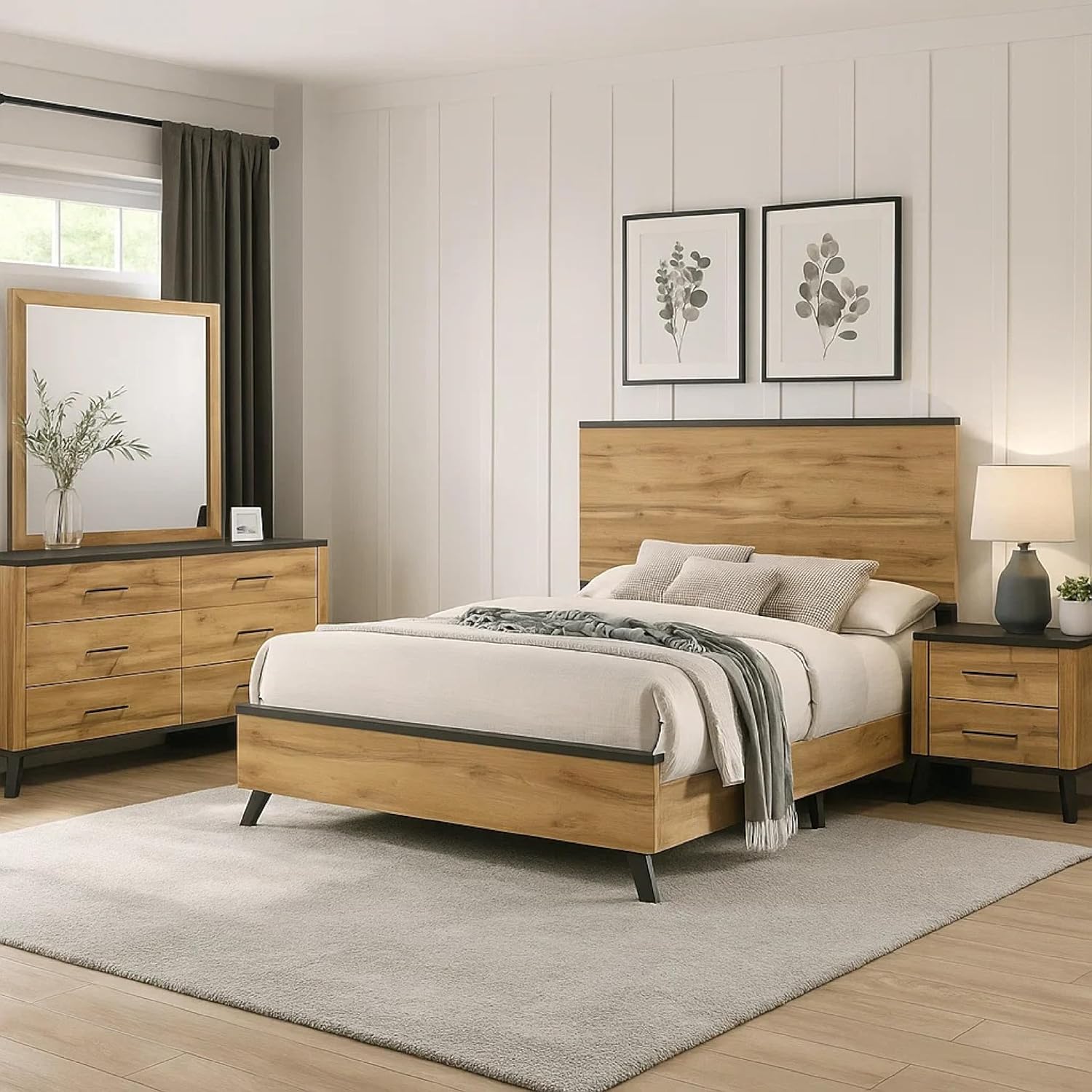 Benzara Wemy 4 Piece Full Size Bed Set, Rustic Brown Pine Wood, Tapered Legs