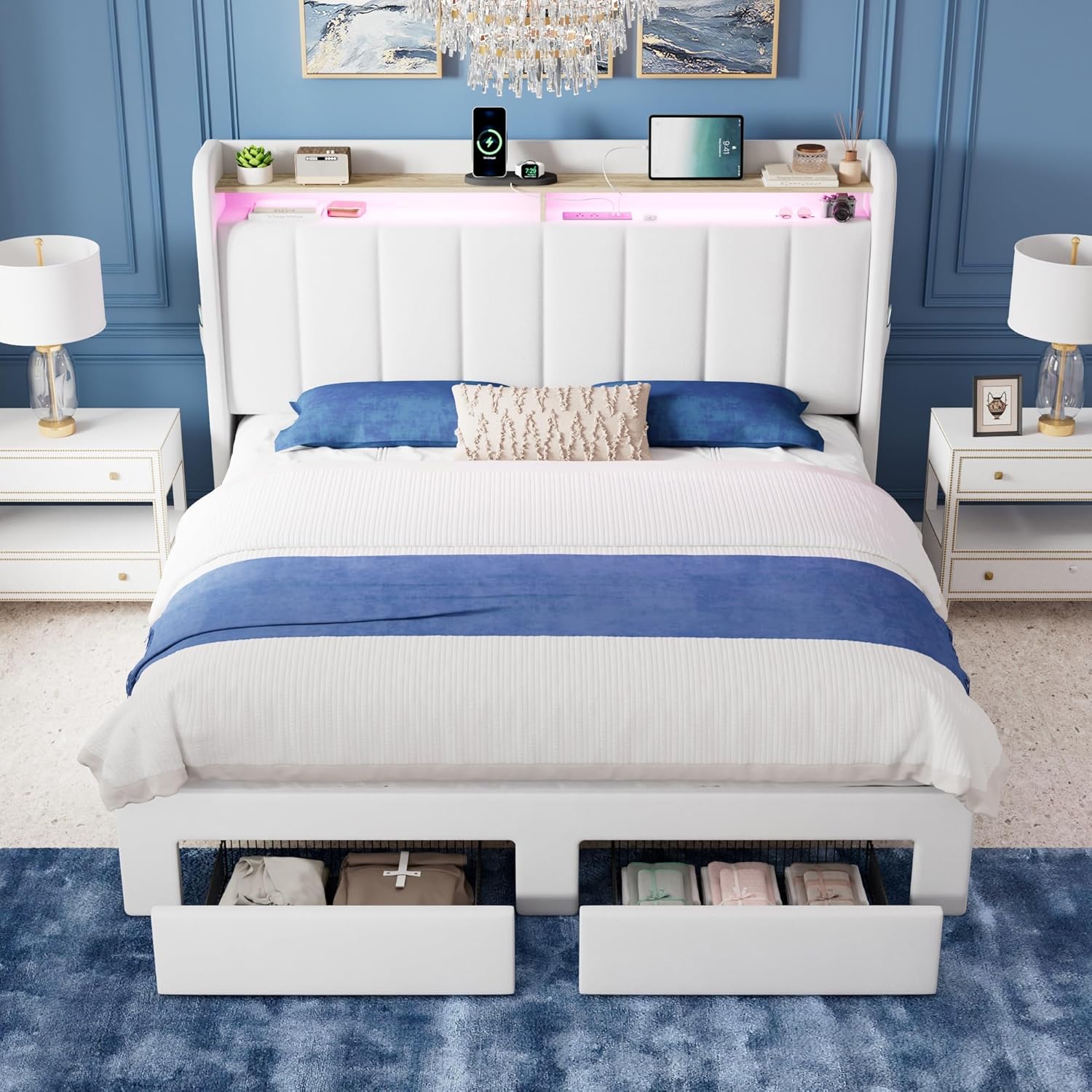 Allewie Velvet Vertical Tufted Queen Upholstered Platform Bed Frame with 2-Tier LED Storage Headboard & 2 Storage Drawers, USB & Type-C Charging Ports, Noise-Free/No Box Spring Needed, White