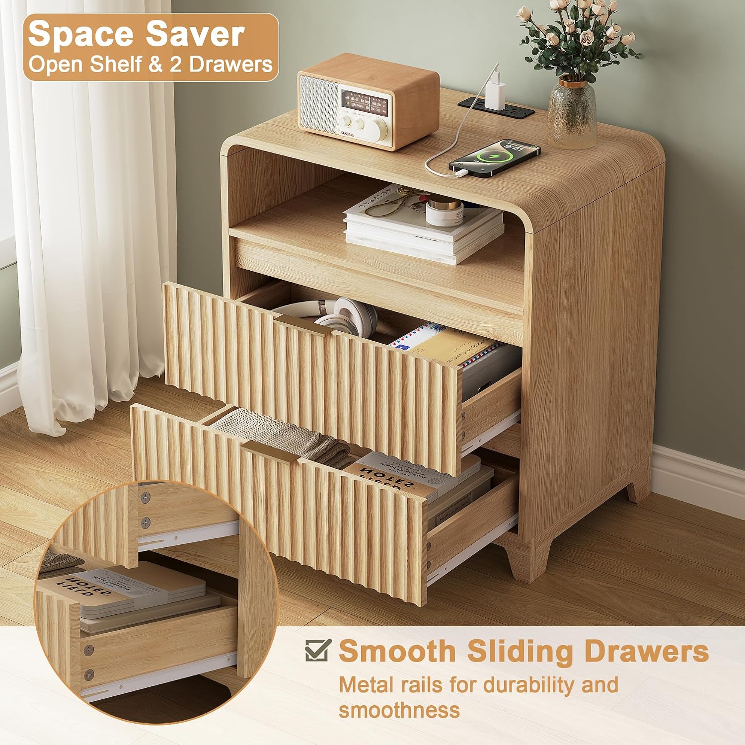 9 Drawer Dresser and 2 Nightstand Sets for Bedroom 3 Pcs Bedroom Set, Modern 57.9' Fluted Dresser with Metal Handles Nightstand Charging Station, Bedroom Furniture Set for Living Room, Natural