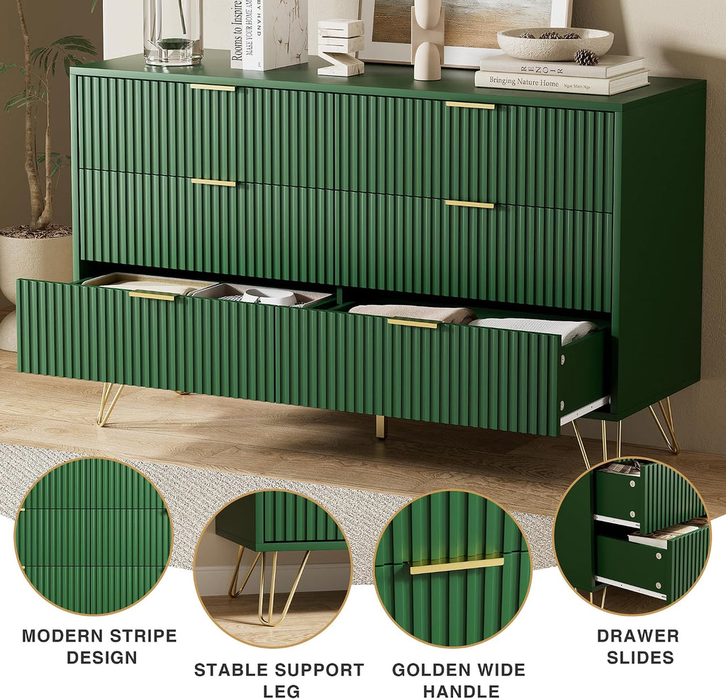 Furniway Green Dresser for Bedroom, Modern Dresser with Gold Metal Handles & Chests of Drawers for Bedroom, 15.7' D x 47.2' W x 29.5' H