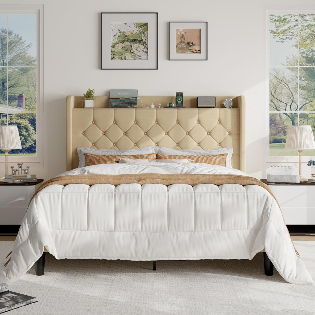 SHA CERLIN Full Size Platform Bed Frame with Charging Station, Linen Wingback Headboard with Storage Shelf, Wooden Slats Support, Ample Under-Bed Space, No Box Spring Needed, Easy Assembly, Beige