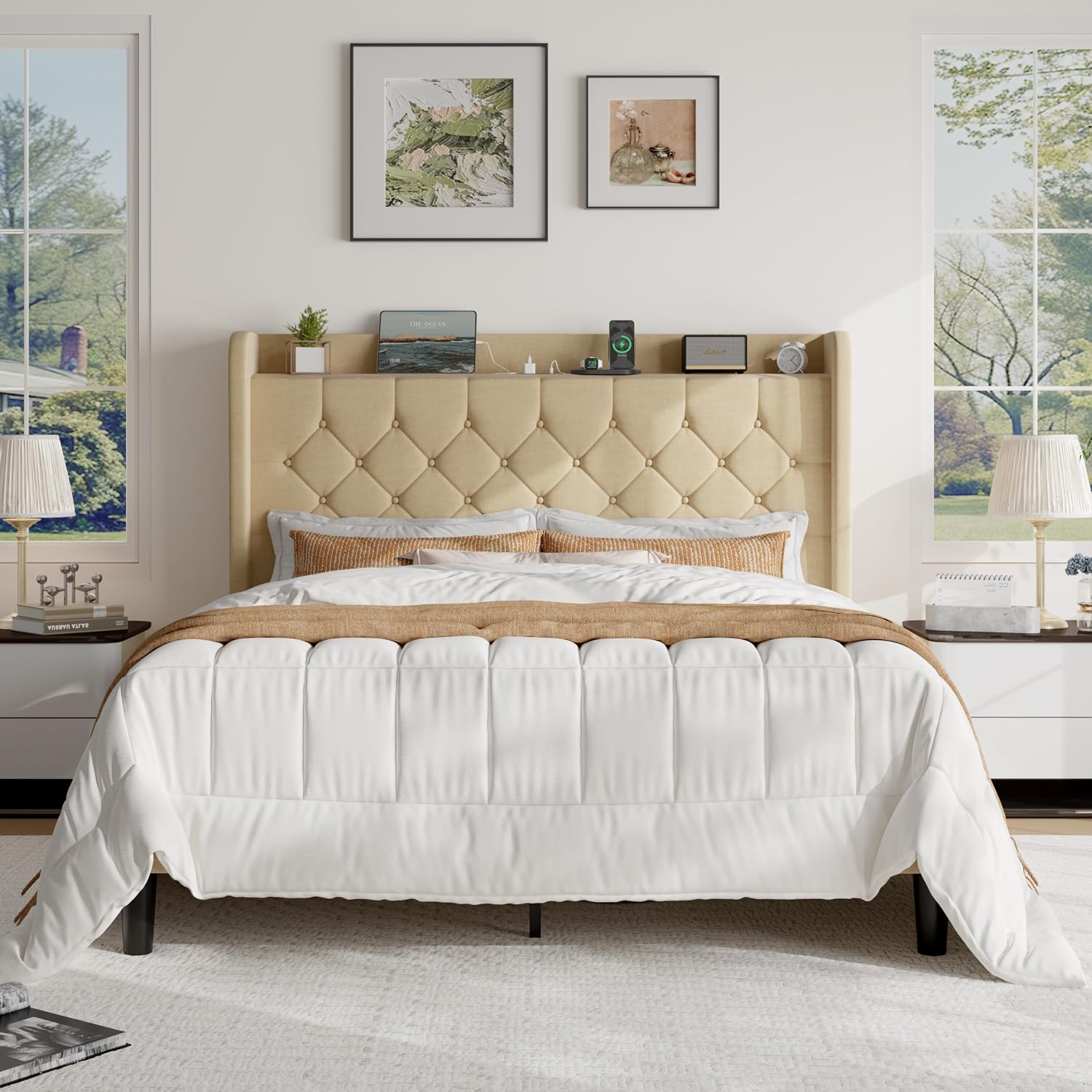 SHA CERLIN Full Size Platform Bed Frame with Charging Station, Linen Wingback Headboard with Storage Shelf, Wooden Slats Support, Ample Under-Bed Space, No Box Spring Needed, Easy Assembly, Beige