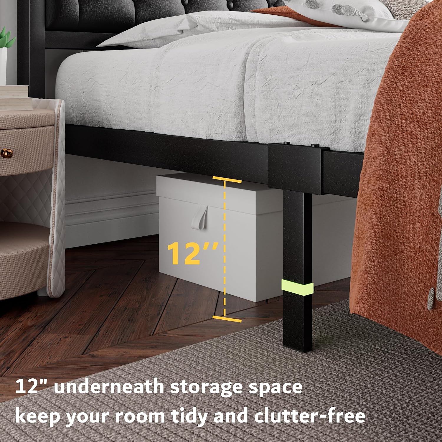 iPormis Queen Bed Frame with Headboard Faux Leather Upholstered Bed Frame Platform, All Metal Slats Support Platform Bed Frame with 12' Under Bed Space, Noise Free, No Box Spring Needed, Black