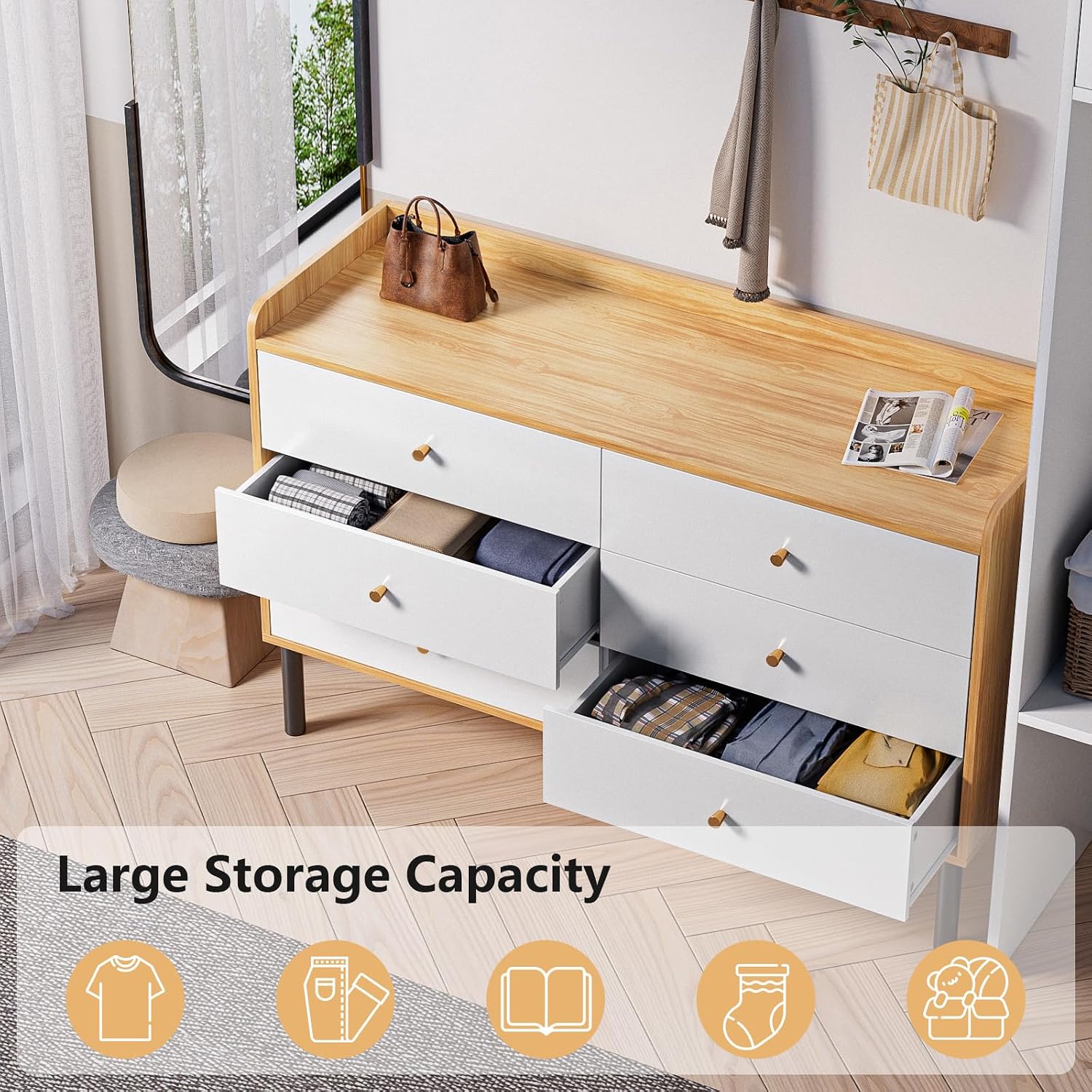 LYNSOM Dresser for Bedroom, 6 Drawer Natural Wood Dresser with Wide Drawer and Metal Handles, Modern Dressers & Chests of Drawers for Hallway Entryway