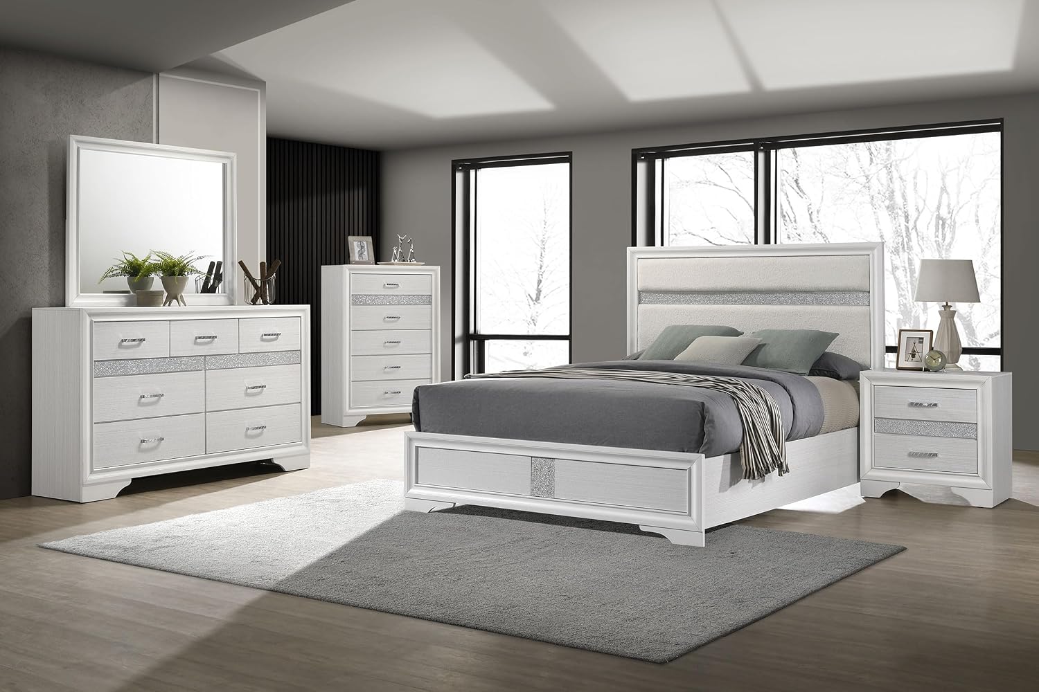 Coaster Home Furnishings Miranda Contemporary 5-Piece Bedroom Set Fabric Upholstered Full Size Panel Bed Frame 54-inch Headboard White 205110F-S5