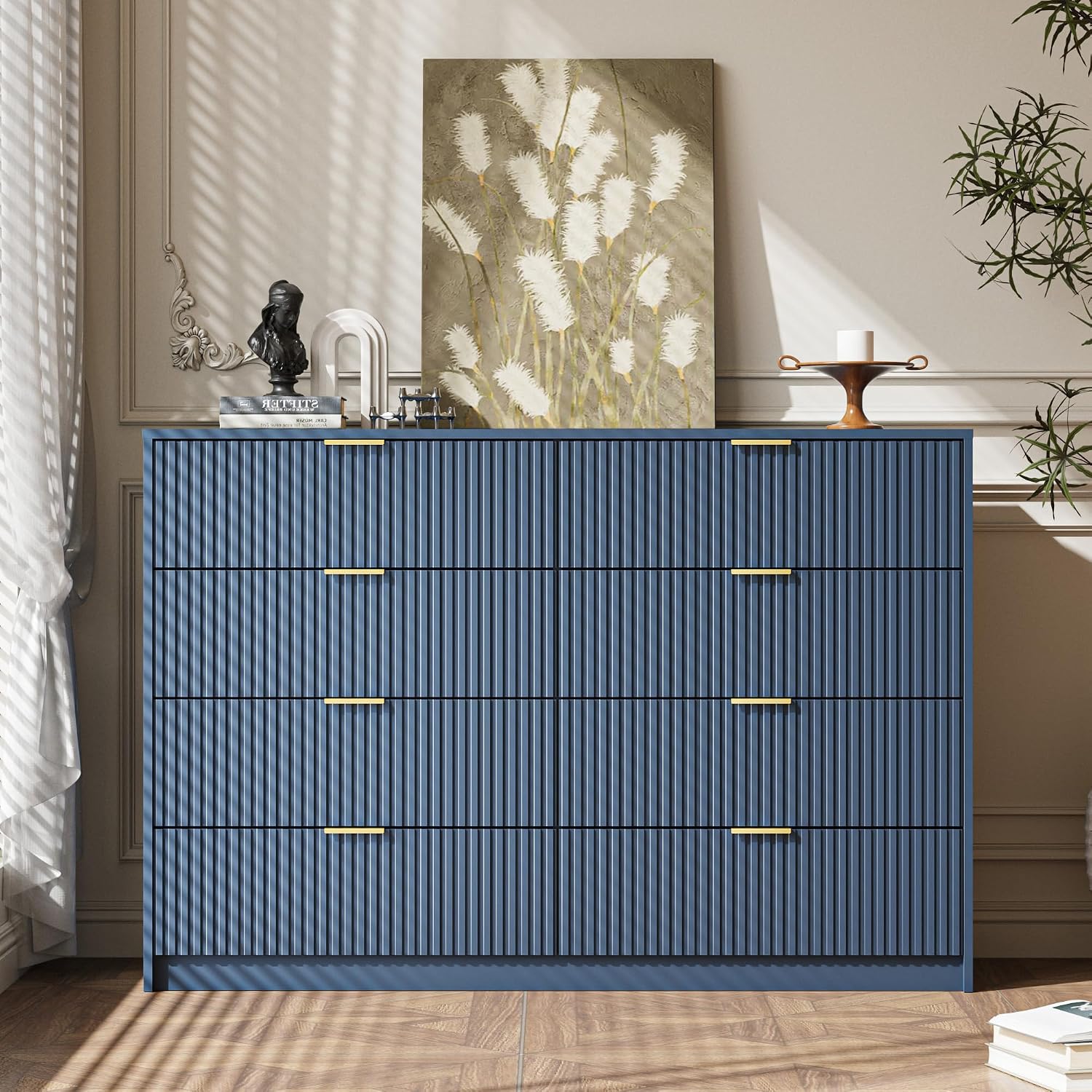 MAISONARIA Navy Dresser for Bedroom, 8 Drawer Double Dresser, Modern Chest of Drawers for Bedroom, Living Room, Entryway and Closet, 55' L x 15.7' D x 37.4' H