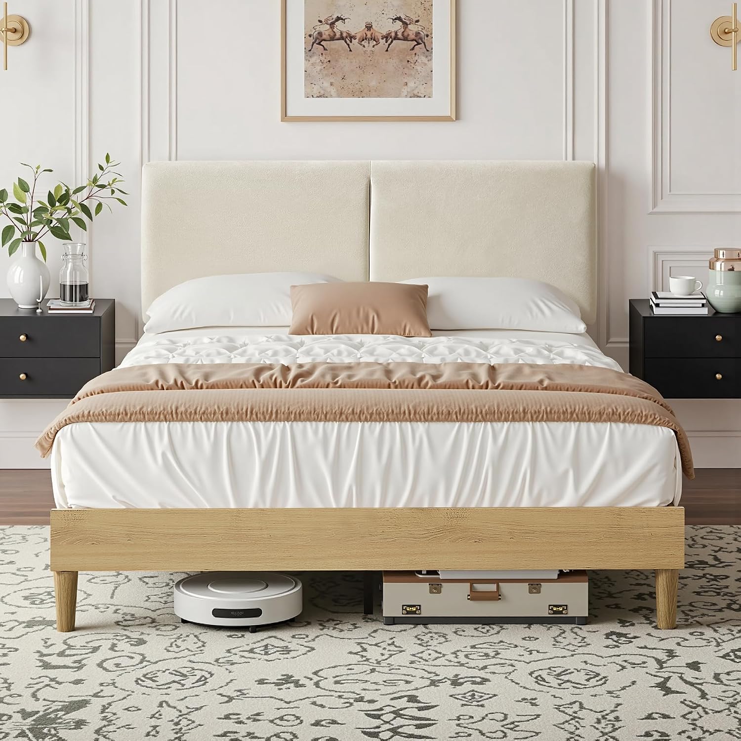 VECELO Queen Size Bed Frame Upholstered Platform Beds with Height-Adjustable Cotton and Linen Headboard, Heavy Duty Wood Slats, 6' Under-Bed Space, Noise-Free, No Box Spring Needed, Easy Assembly