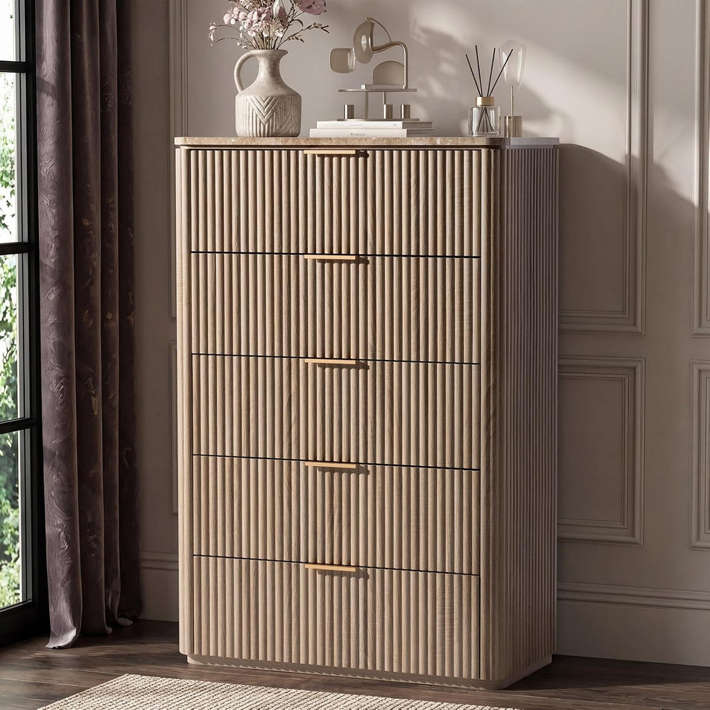 Dresser for Bedroom with 5 Drawers, 46'H Chest of Drawers, Fluted Dresser with Faux Marble Top, Curved Profile Design, Metal Handle, Wood Closet Storage Organizer for Living Room, Hallway, Natural Oak