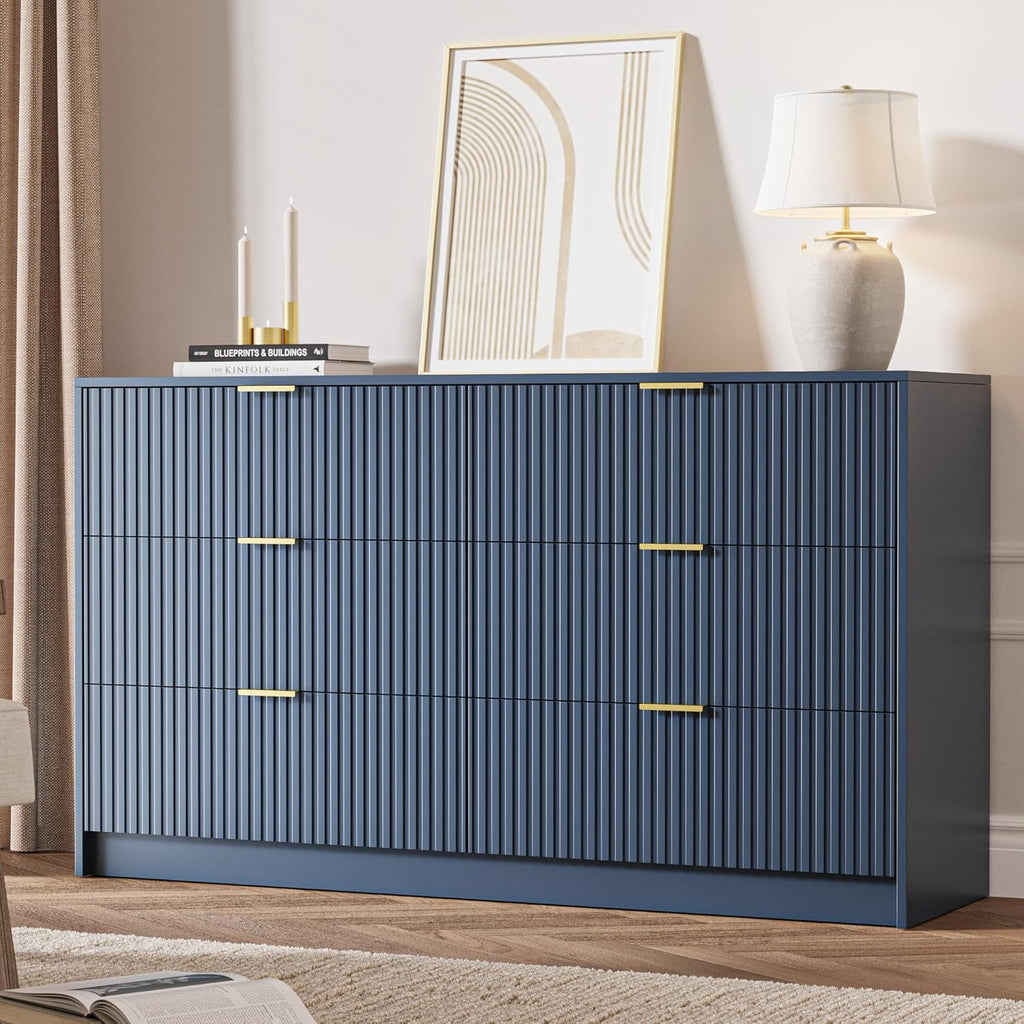 MAISONARIA 6 Drawer Dresser for Bedroom, 55' Wide Modern Chest of Drawers with Gold Metal Handles, Fluted Wood TV Stand for Living Room, Hallway(Navy Blue)