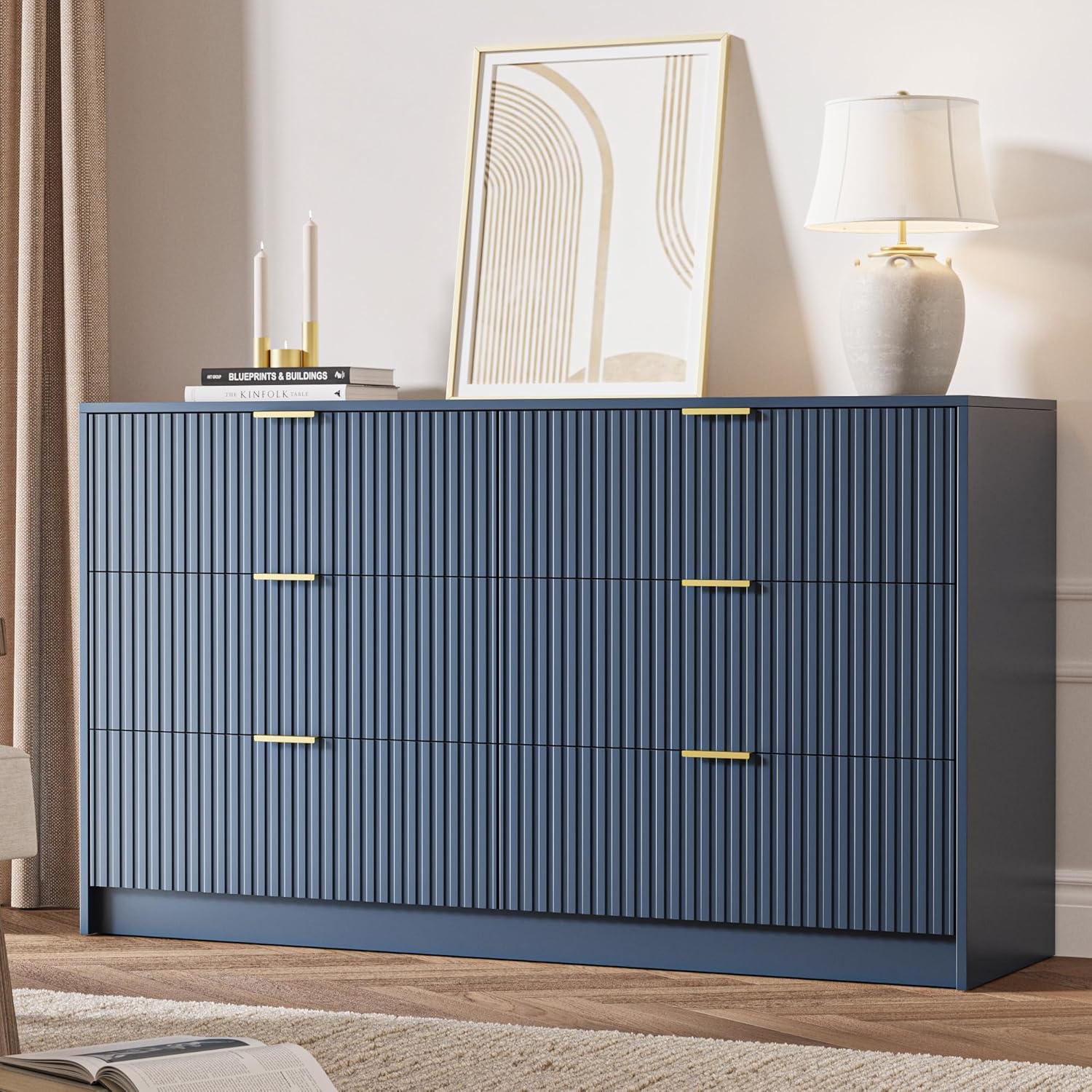 MAISONARIA 6 Drawer Dresser for Bedroom, 55' Wide Modern Chest of Drawers with Gold Metal Handles, Fluted Wood TV Stand for Living Room, Hallway(Navy Blue)
