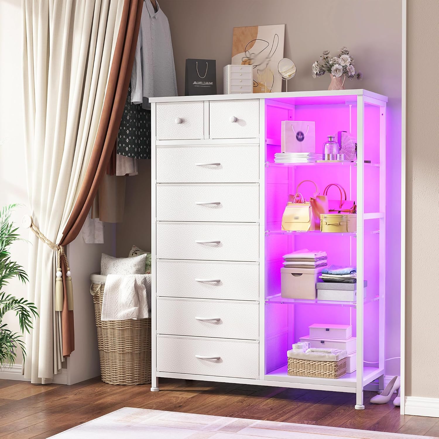 EnHomee 54' H Dresser for Bedroom with LED Lights & Power Outlets Dresser with 8 Drawers Fabric Dressers & Chests of Drawers, Shelves for Bedroom, Sturdy Metal Frame, Acrylic Plates (White)