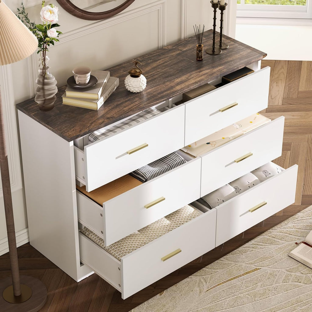 LIDYUK White Dresser for Bedroom, 6 Drawer Dressers & Chests of Drawers, Modern Wood Dresser, 48 Inches Wide Chest of Drawers for Bedroom, Hallway, Living Room