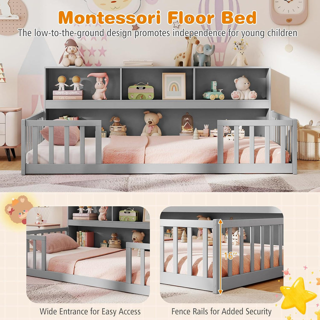 Giantex Twin Floor Bed for Kids, Wooden Montessori Bed Frame with Bookcase, Storage Shelves & Safety Fence Rails, Floor Beds Twin for Girls, Boys, No Box Spring Needed, Without Slats, Grey