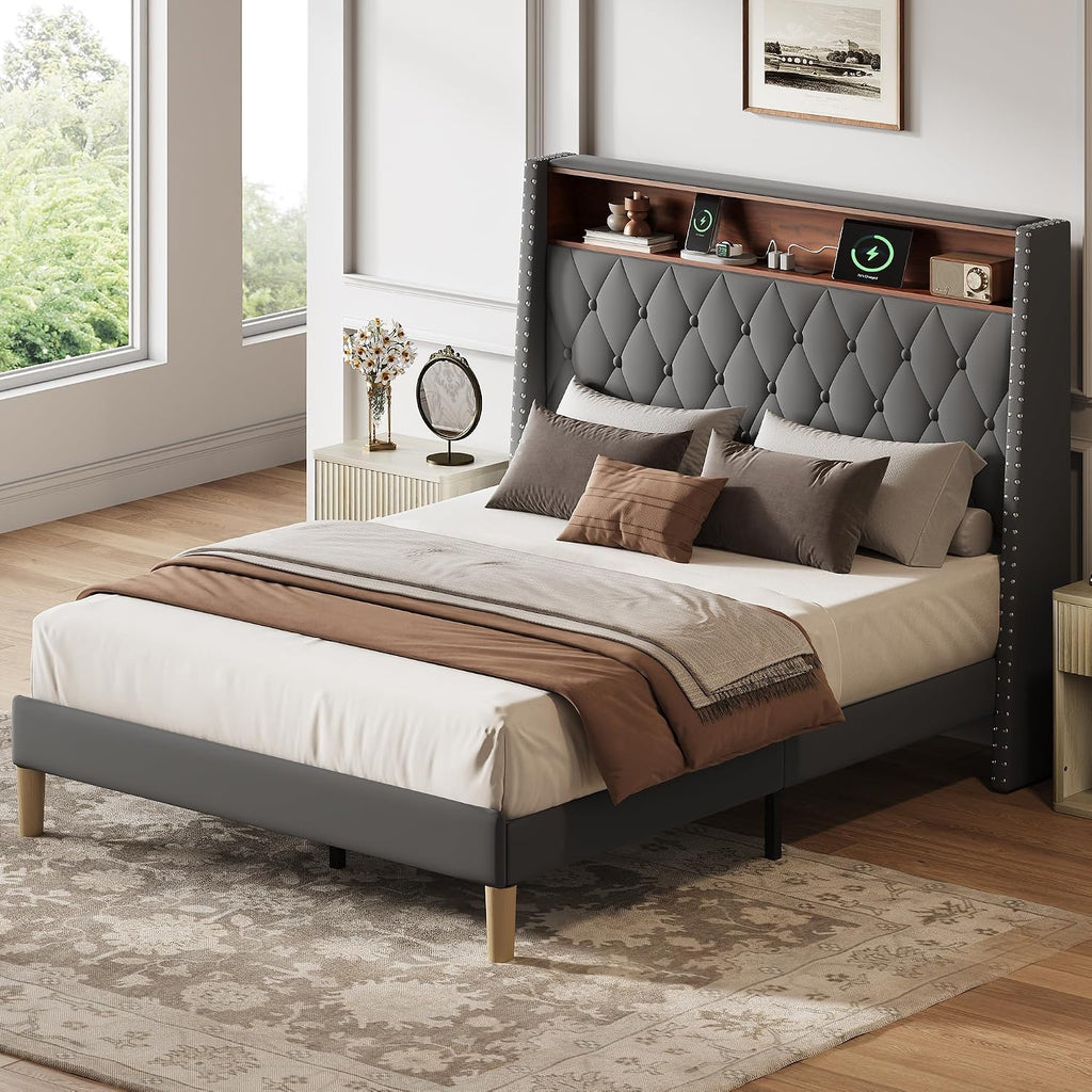 WLIVE Full Size Upholstered Bed Frame with 48'' Tall Wingback Headboard, Velvet Square Tufted Platform Beds with Charging Station, Sturdy Metal & Wooden Slats Support, Grey