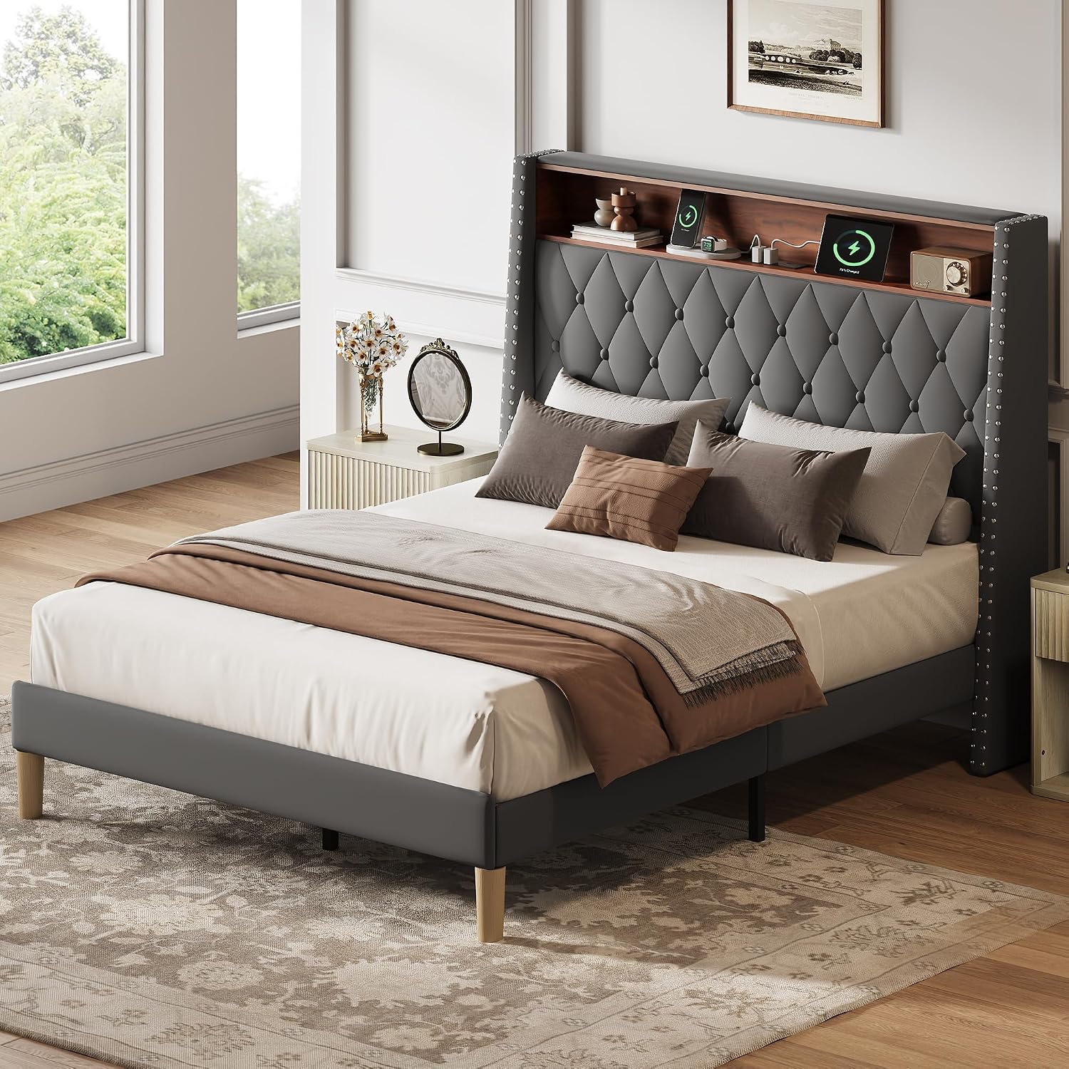WLIVE Full Size Upholstered Bed Frame with 48'' Tall Wingback Headboard, Velvet Square Tufted Platform Beds with Charging Station, Sturdy Metal & Wooden Slats Support, Grey