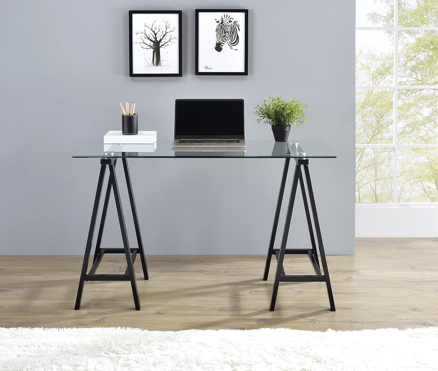 OSP Home Furnishings Middleton 47 Inch Desk with Clear Beveled Glass Top, Black Base